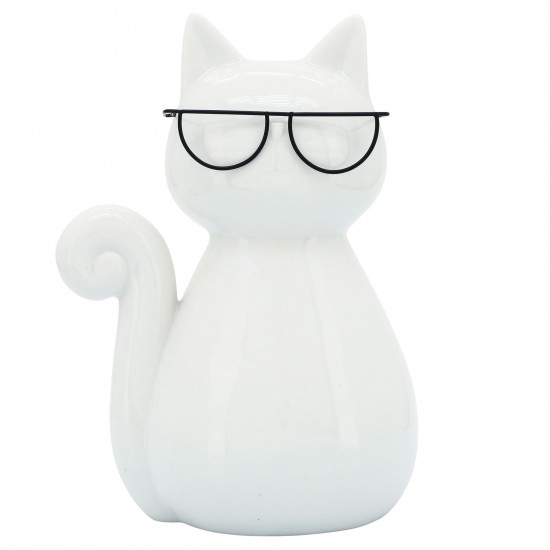 Porcelain, 7"h Cat W/ Glasses, White