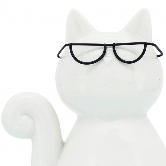 Porcelain, 7"h Cat W/ Glasses, White