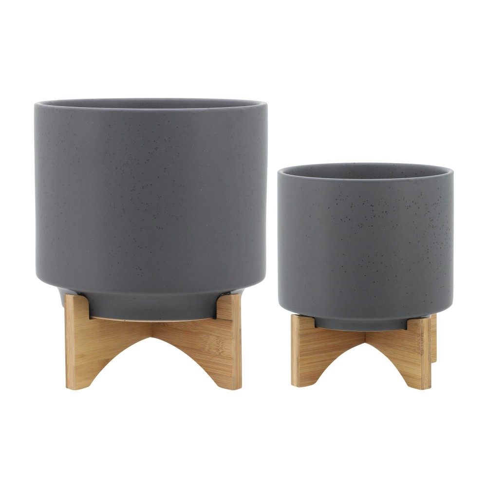 S/2 8/10" Planter W/ Wood Stand, Matte Gray