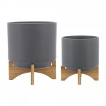 S/2 8/10" Planter W/ Wood Stand, Matte Gray