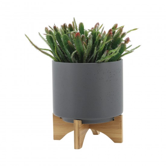 S/2 8/10" Planter W/ Wood Stand, Matte Gray