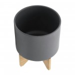 S/2 8/10" Planter W/ Wood Stand, Matte Gray