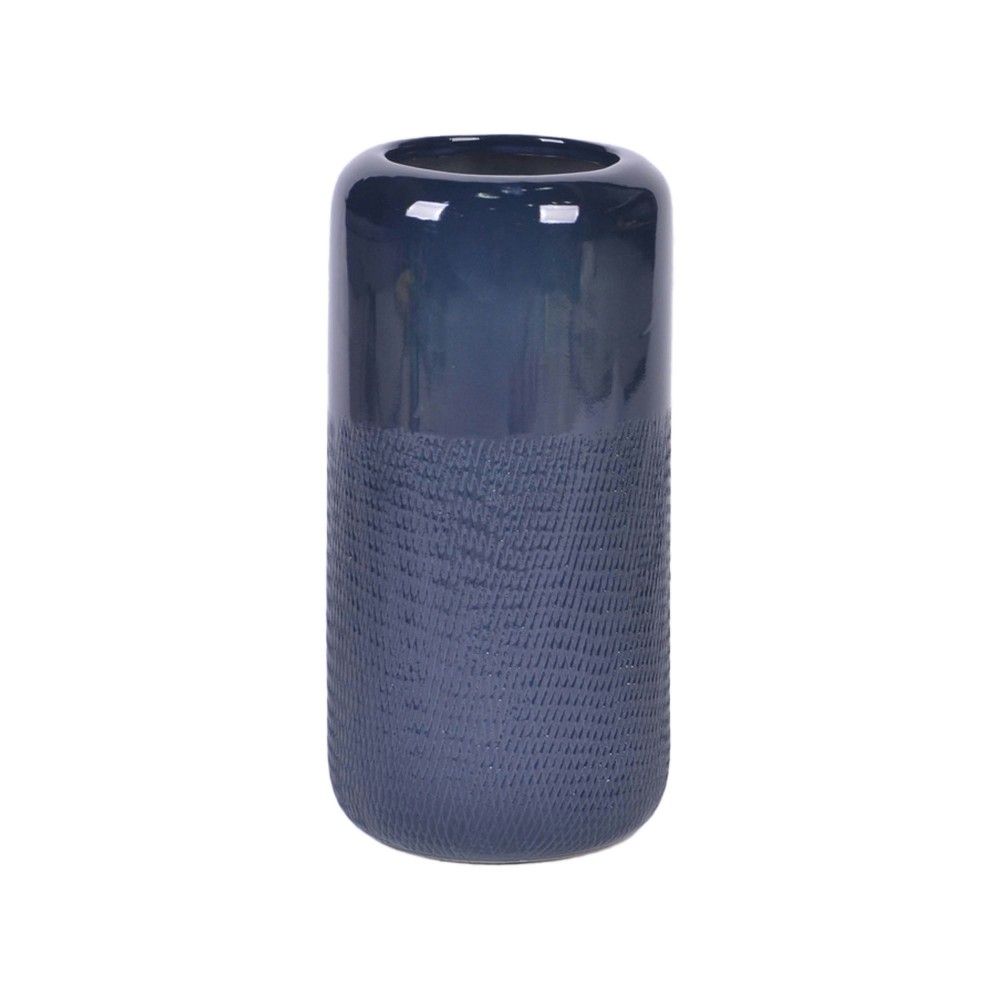 Cer, 10"h Grooved Vase, Navy Blue