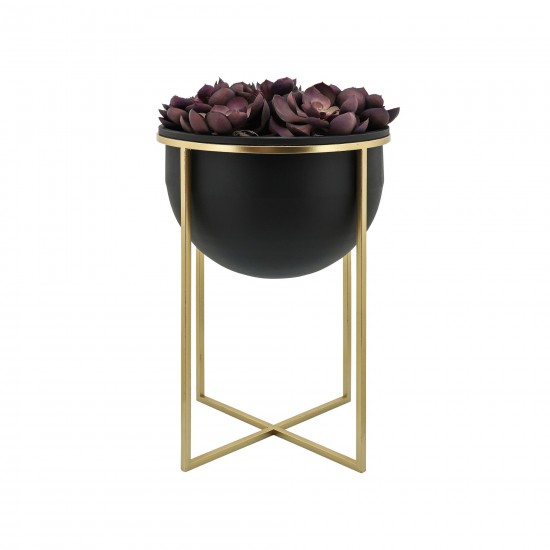 Metal S/2 11/12" Planters W/ Stand, Blk/gold