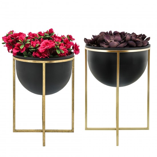 Metal S/2 11/12" Planters W/ Stand, Blk/gold