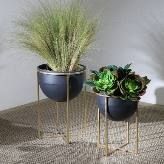 Metal S/2 11/12" Planters W/ Stand, Blk/gold