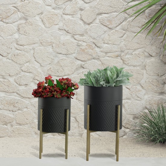 S/2 Diamond Planter On Metal Tand, Blk/gld