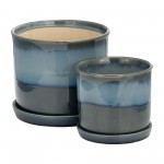 S/2 Ceramic 6/8" Planter W/ Saucer, Blue