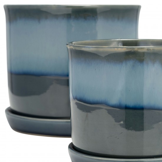 S/2 Ceramic 6/8" Planter W/ Saucer, Blue