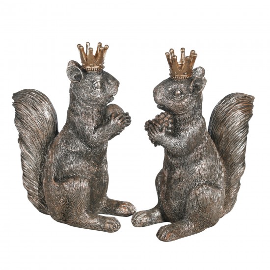 S/2 Resin 8" Squirrels W/crowns, Silver