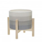 8" Ceramic Planter W/ Wood Stand, Beige Mix