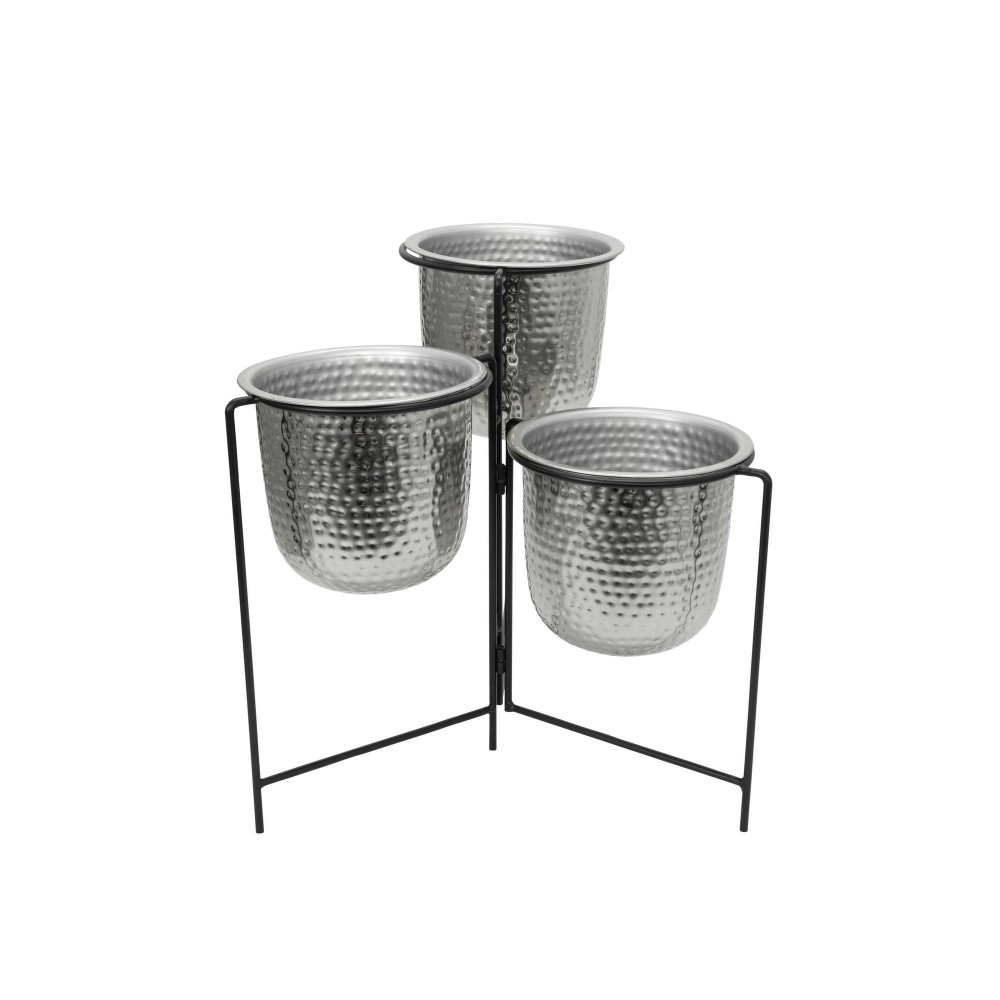 Metal 20" S/3 Hammered Planters W/ Stand, Silver