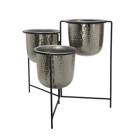 Metal 20" S/3 Hammered Planters W/ Stand, Silver