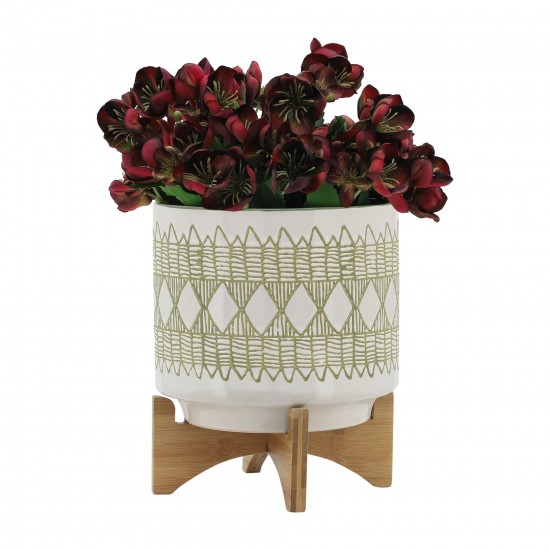 Ceramic 8" Aztec Planter On Wooden Stand, White & Olive