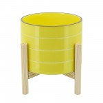 8" Striped Planter W/ Wood Stand, Yellow