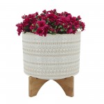 10" Tribal Planter W/ Wood Stand, Beige