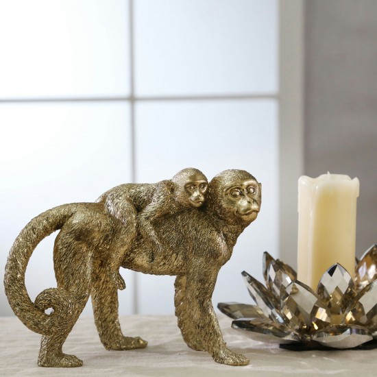 Resin 7"h Monkey Mother W/ Baby ,gold