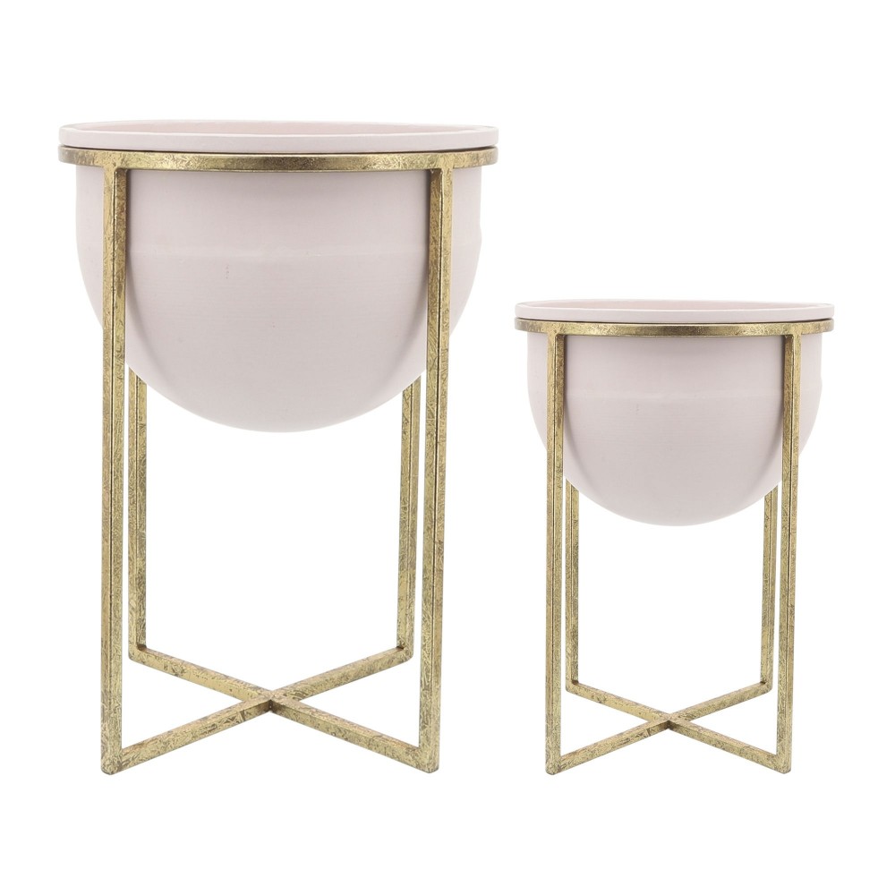 Metal S/2 11/12" Planters W/ Stand, Pink/gold