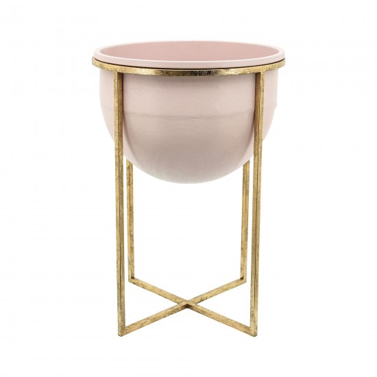 Metal S/2 11/12" Planters W/ Stand, Pink/gold