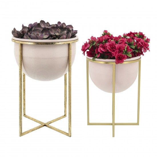 Metal S/2 11/12" Planters W/ Stand, Pink/gold