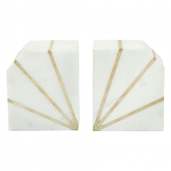 S/2 Marble 5"h Polished Bookends W/gold Inlays,wht