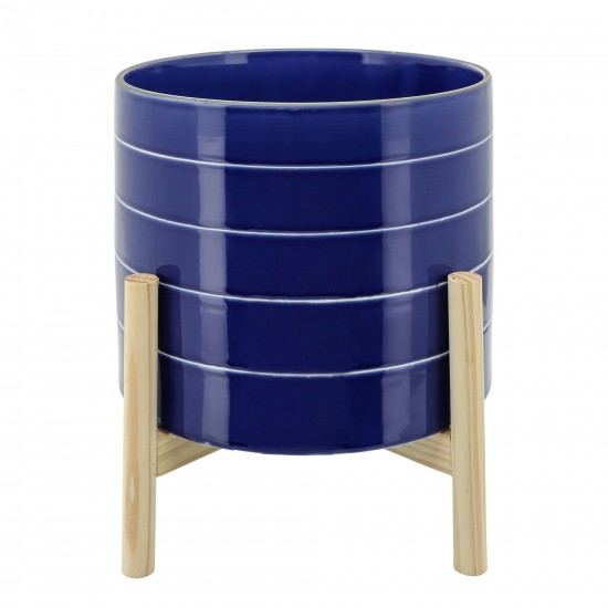 10" Striped Planter W/ Wood Stand, Navy