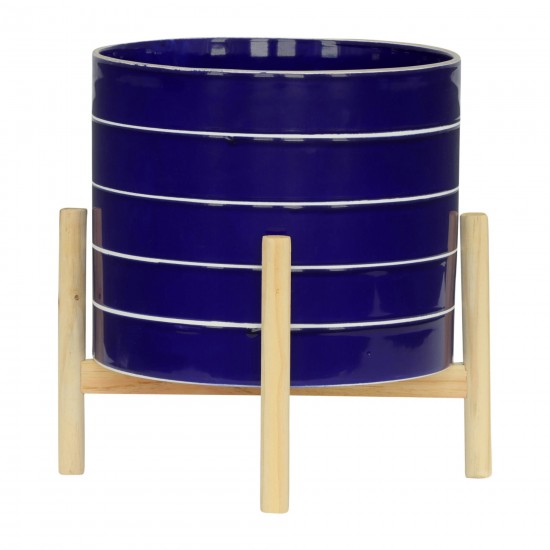 10" Striped Planter W/ Wood Stand, Navy