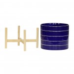 10" Striped Planter W/ Wood Stand, Navy