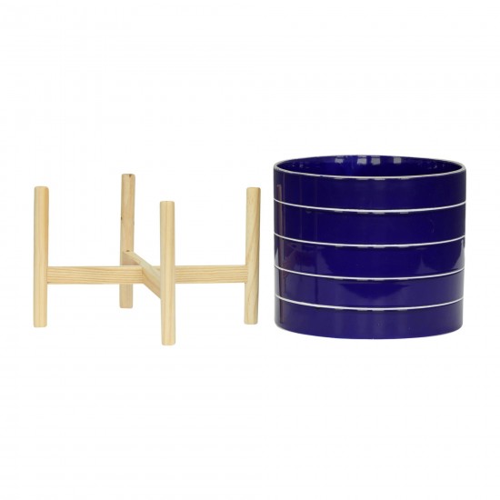 10" Striped Planter W/ Wood Stand, Navy