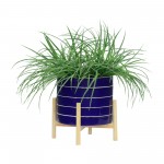 10" Striped Planter W/ Wood Stand, Navy