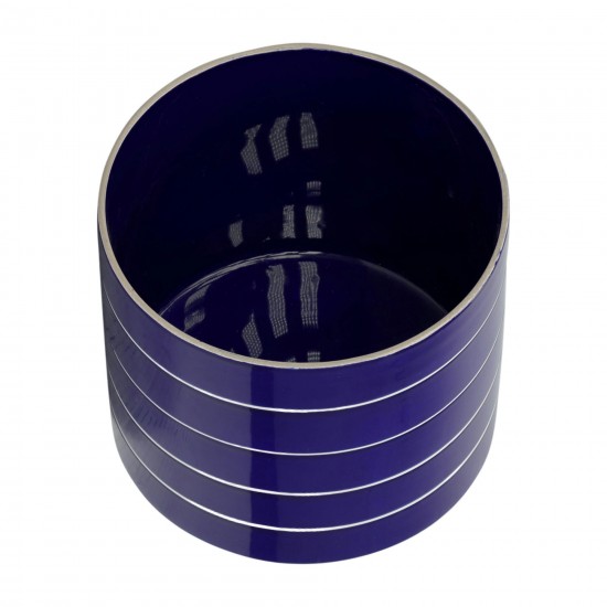 10" Striped Planter W/ Wood Stand, Navy