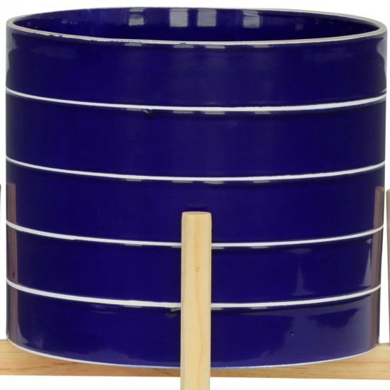 10" Striped Planter W/ Wood Stand, Navy