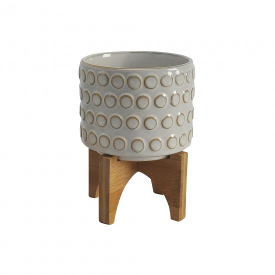 Ceramic S/2 5/8" Planter On Wooden Stand, Ivory