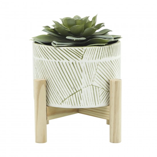 6" Ceramic Planter W/ Wood Stand, Green Mix