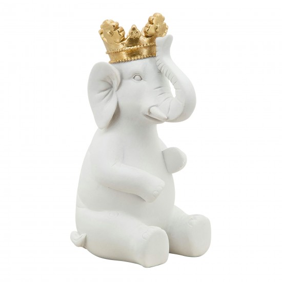 8" Elephant W/ Crown Figurine, White/gold