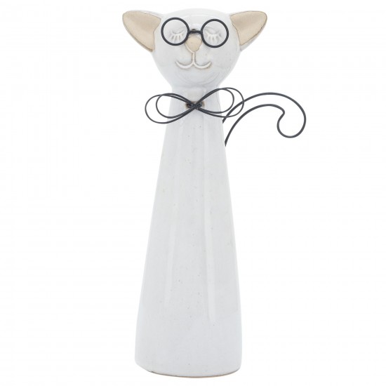 Cer, 11"h Cat W/ Glasses, Beige