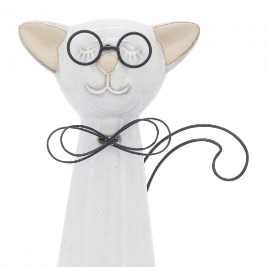 Cer, 11"h Cat W/ Glasses, Beige