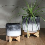 Ceramic 10" Planter On Wooden Stand, Gray