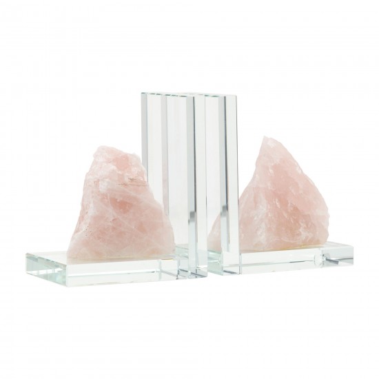 Glass, S/2 5"h Bookends With Pink Stone, Clear