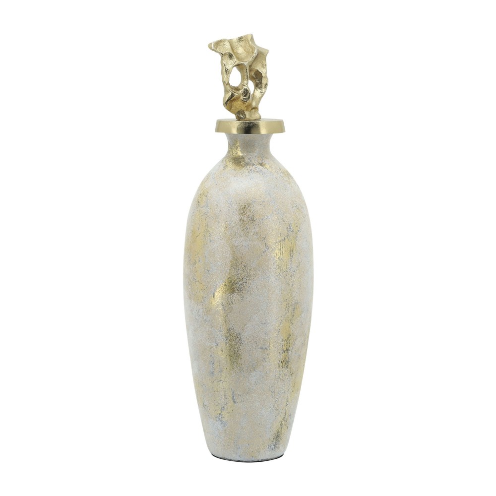 Glass, 23"h Metal Vase Tribal Topper, White/gold