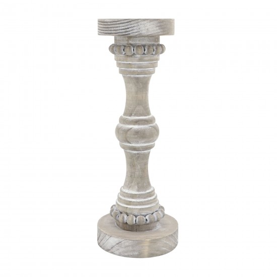 Wood, 14" Banded Bead Candle Holder, Antique White