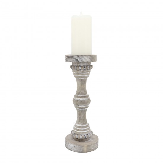 Wood, 14" Banded Bead Candle Holder, Antique White