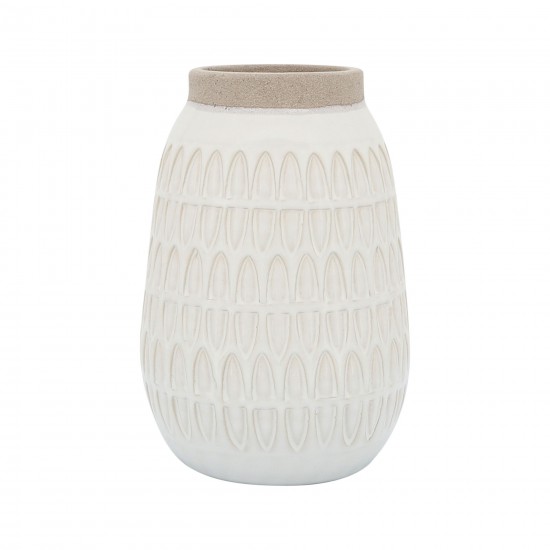 Cer, 8"h Carved Vase, Beige