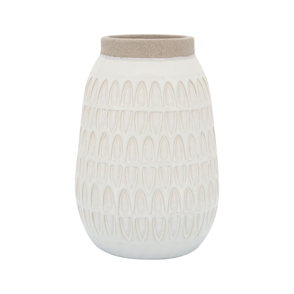 Cer, 8"h Carved Vase, Beige