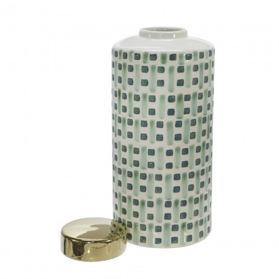 Ceramic 13" Jar With Gold Lid, Green/white