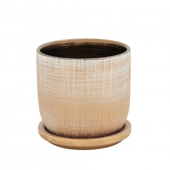 5" Textured Planter With Saucer, Gold