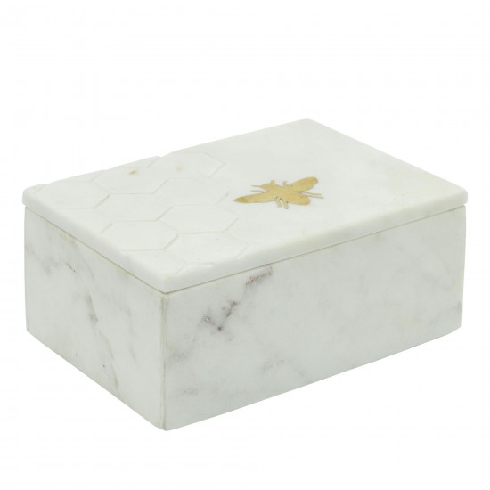 Marble 7x5 Marble Box W/ Bee Accent White