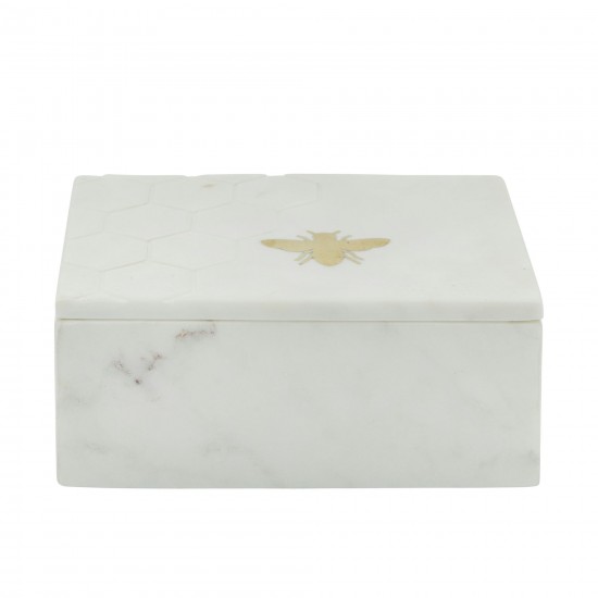 Marble 7x5 Marble Box W/ Bee Accent White