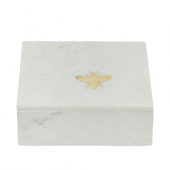 Marble 7x5 Marble Box W/ Bee Accent White