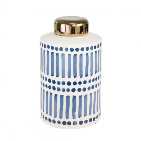 Ceramic 9" Jar With Gold Lid, Blue